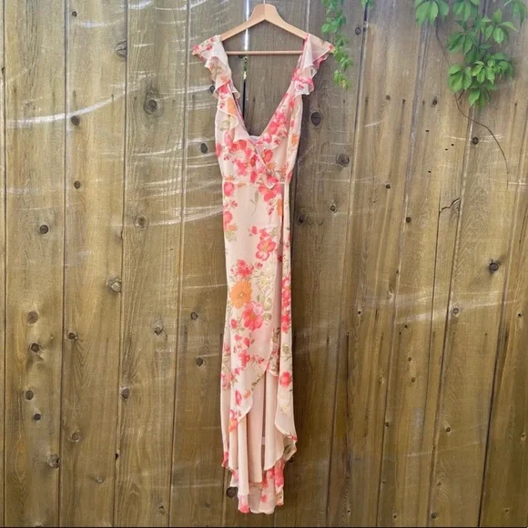 Dreamy Beige and Pink Floral Ruffle Wrap Maxi Dress 🌿 - Picture 3 of 11